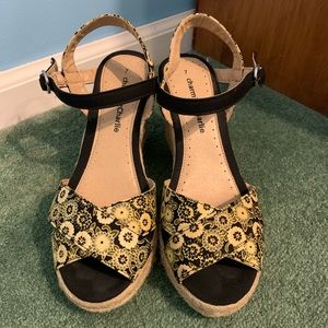 Yellow and Black Flower Print Wedge Sandals